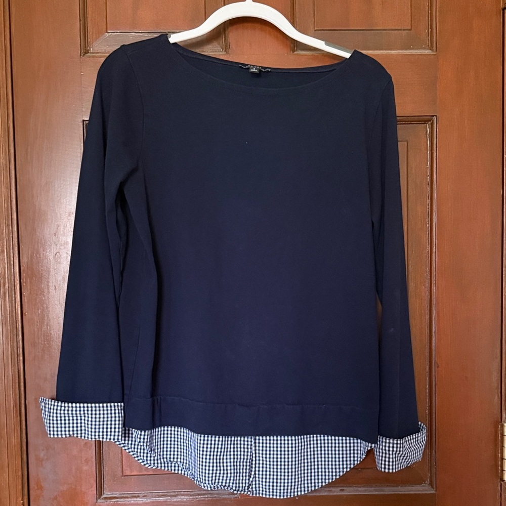 J Crew Mercantile Navy Blue Women's Top with Checkered Hem